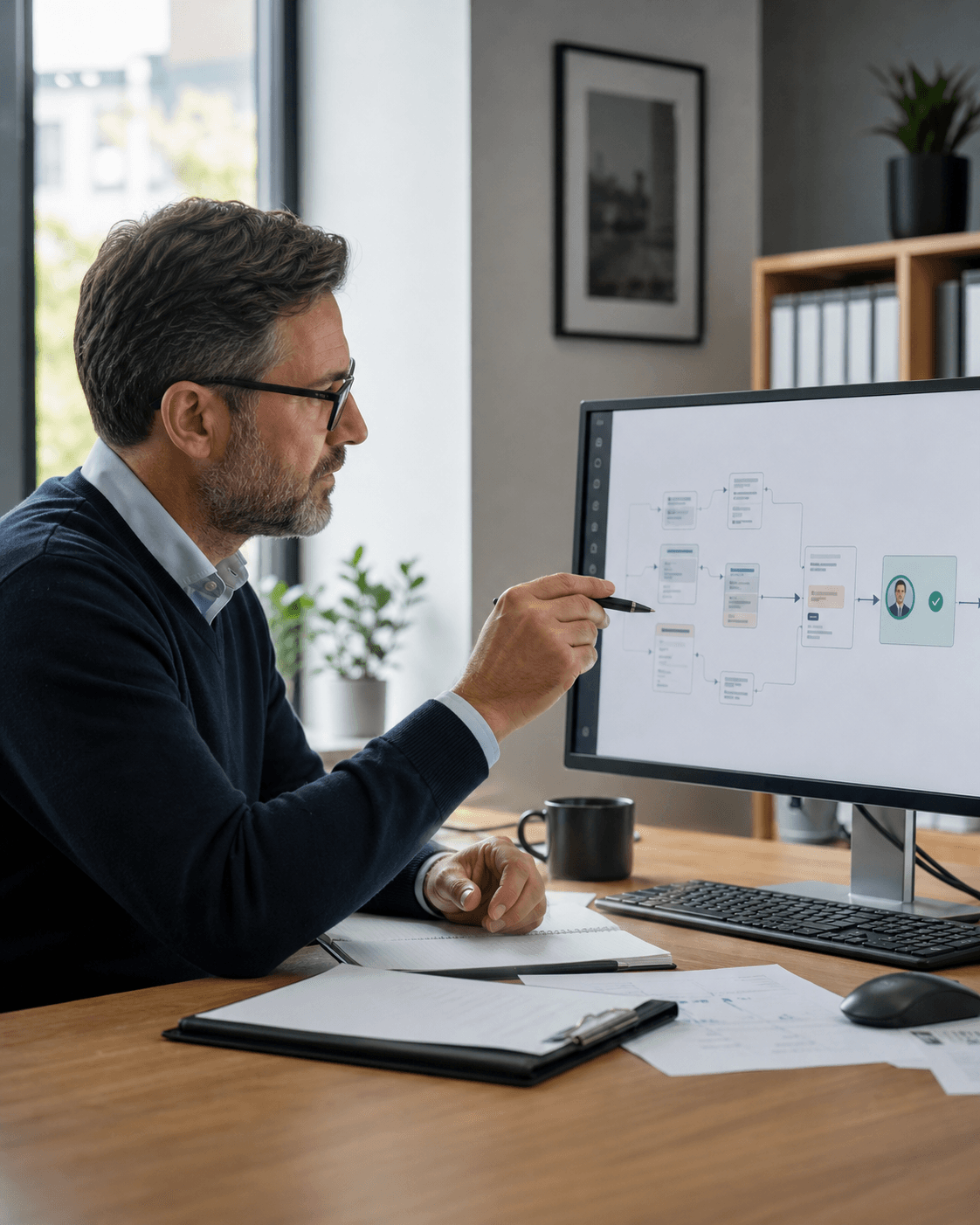 An auditor directing a connected assurance workflow and reviewing its approval point