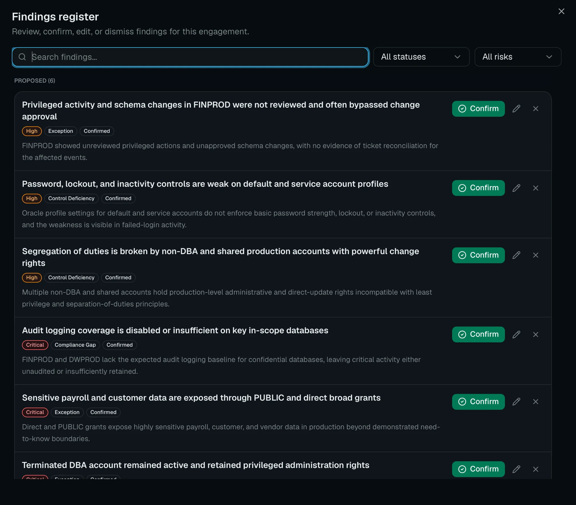 Lens findings register showing traceable, risk-rated audit findings